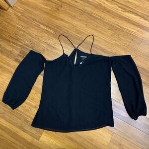 Express Cold Shoulder Top Womens Size Small Long Sleeve Blouse Black Fringe Trim